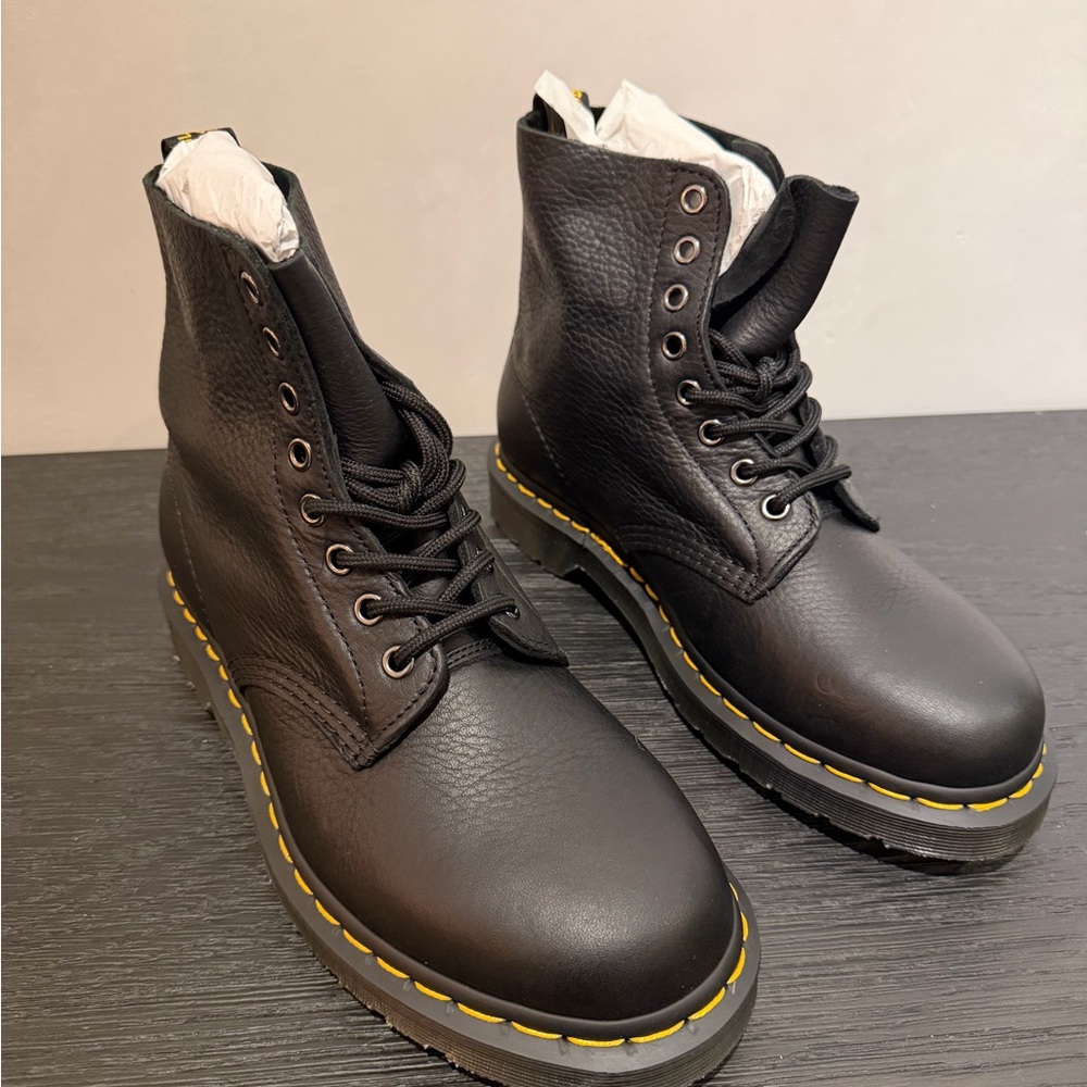 Dr. Martens Black Leather Boots with Yellow Stitching New in Box
